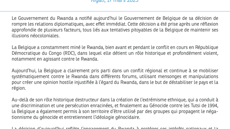 Le Rwanda vient de rompre ses relations diplomatiques avec la Belgique