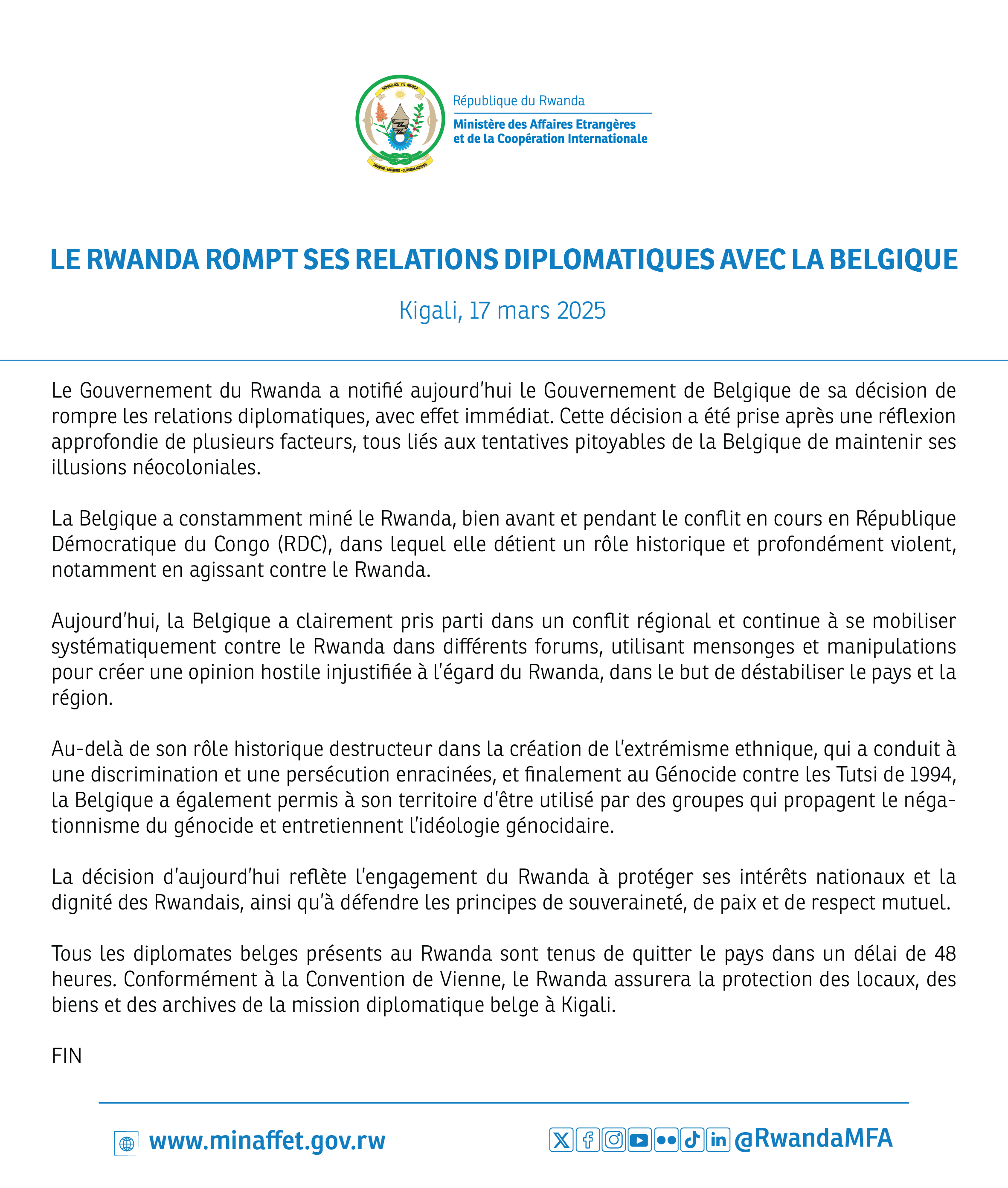 Le Rwanda vient de rompre ses relations diplomatiques avec la Belgique