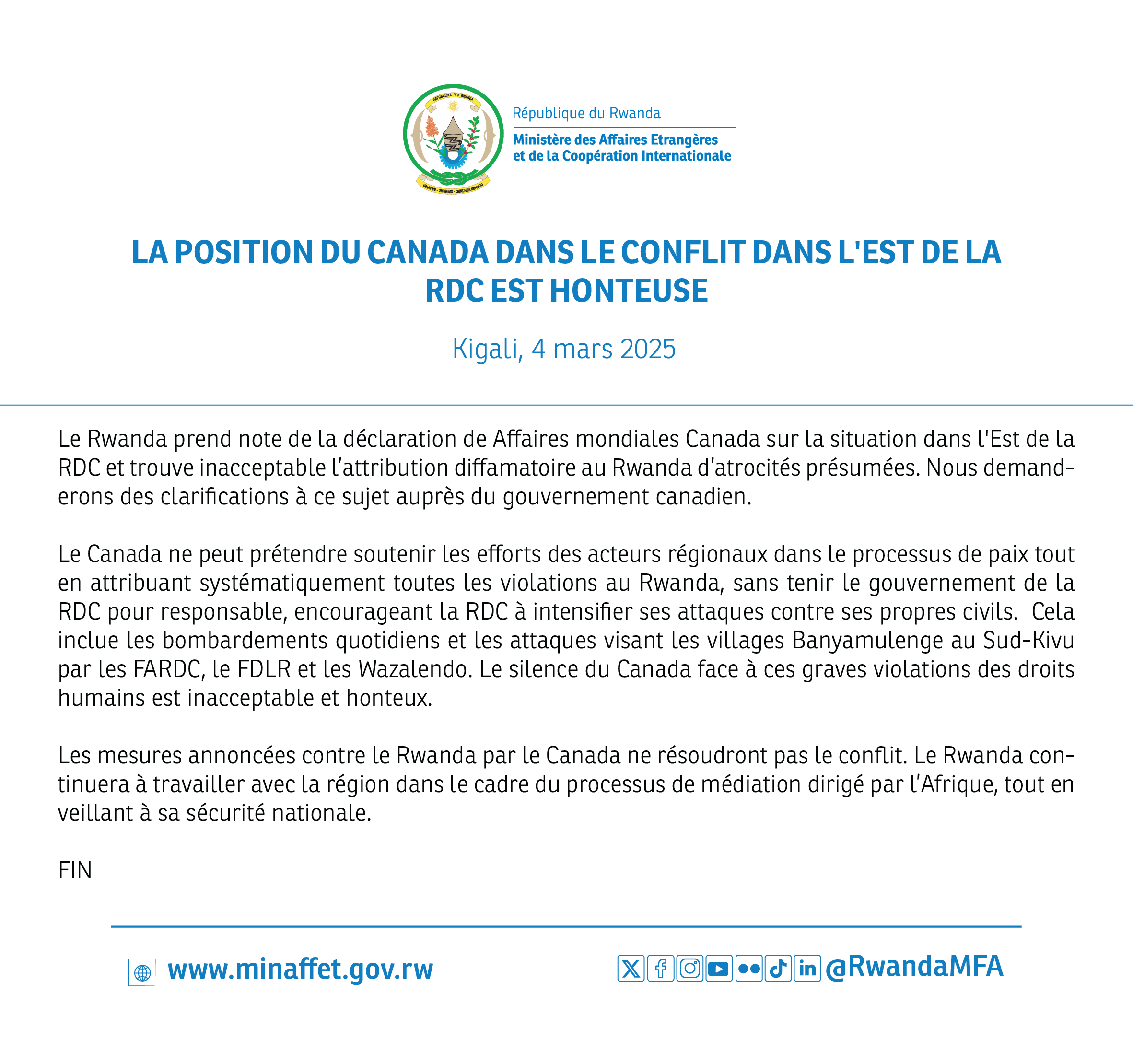 La position du Canada dans le conflit dans l’est de la RDC est honteuse – MINAFFET du Rwanda