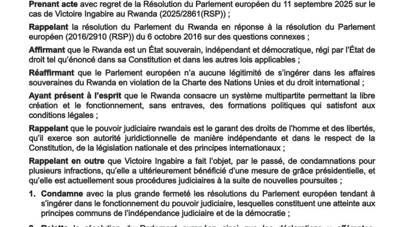 Officiel: Le Parlement rwandais rejette la résolution du Parlement européen sur le cas Victoire Ingabire