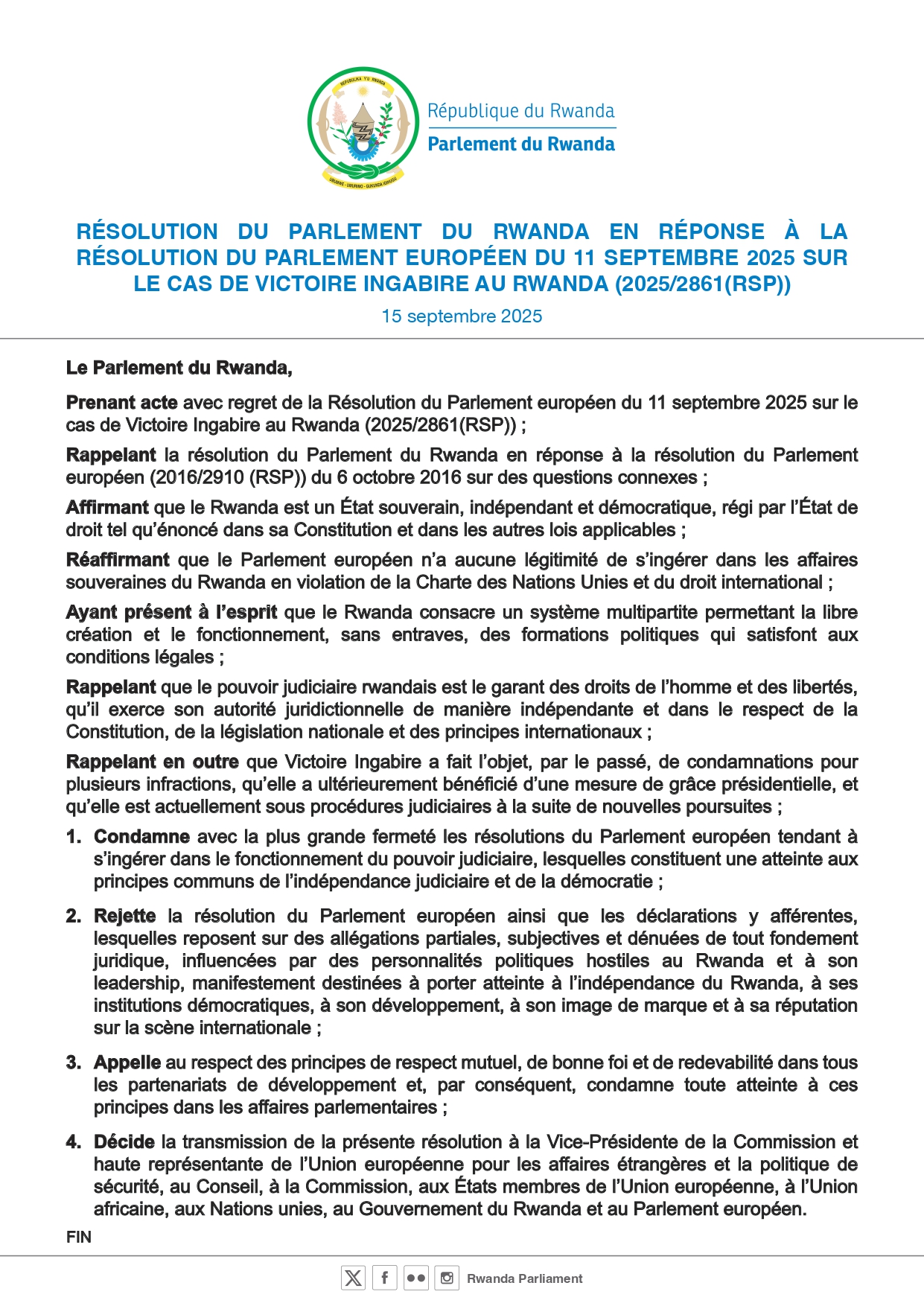 Officiel: Le Parlement rwandais rejette la résolution du Parlement européen sur le cas Victoire Ingabire