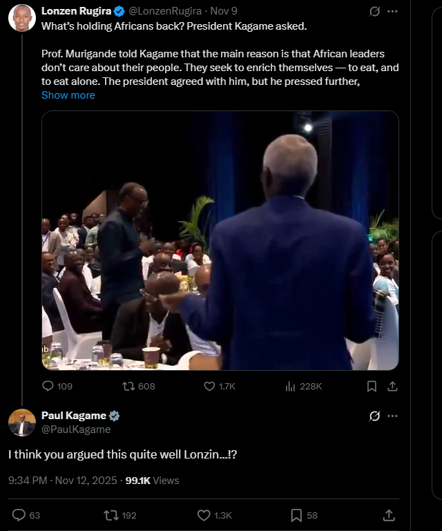 Débat sur le retard de l’Afrique: Le président Kagame s’accorde avec l’internaute Lonzen Rugira