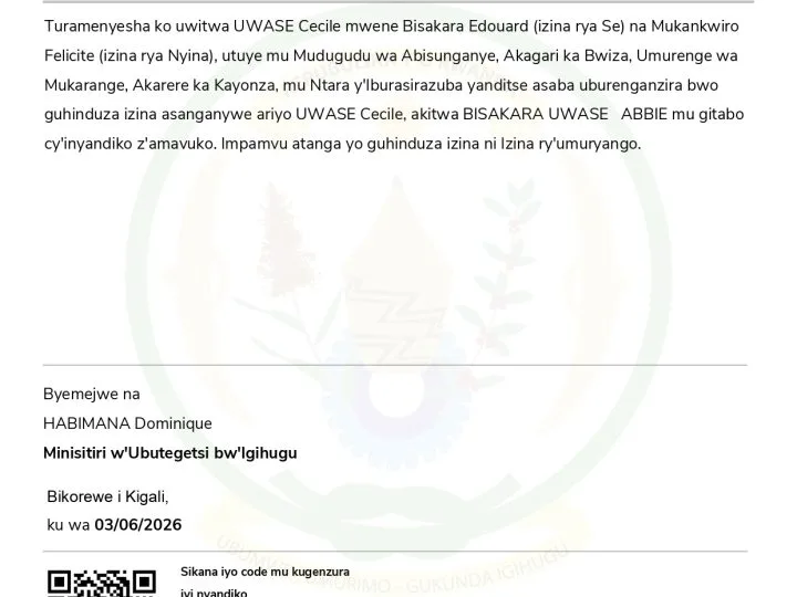 INGINGO Z’INGENZI Z’IMPAMVU YO GUSABA GUHINDUZA AMAZINA – BISAKARA UWASE ABBIE
