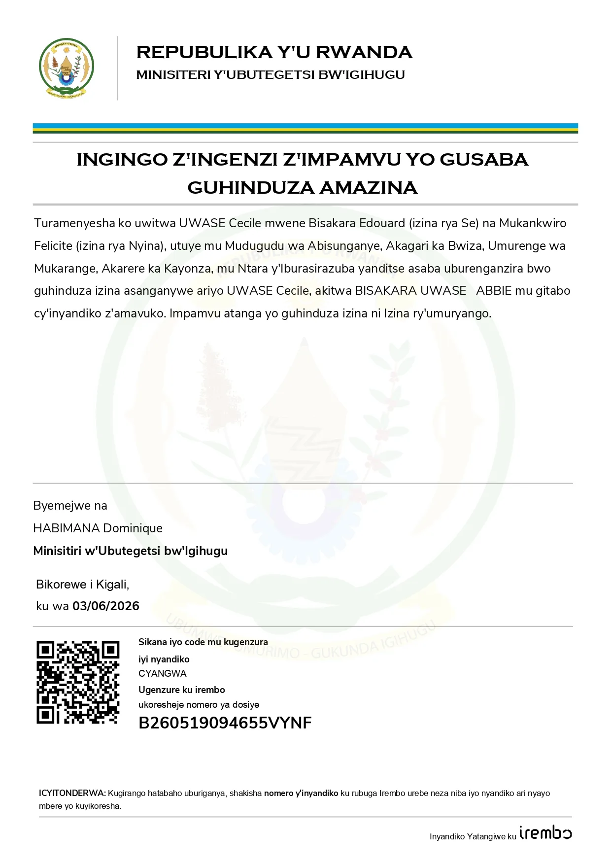 INGINGO Z’INGENZI Z’IMPAMVU YO GUSABA GUHINDUZA AMAZINA – BISAKARA UWASE ABBIE